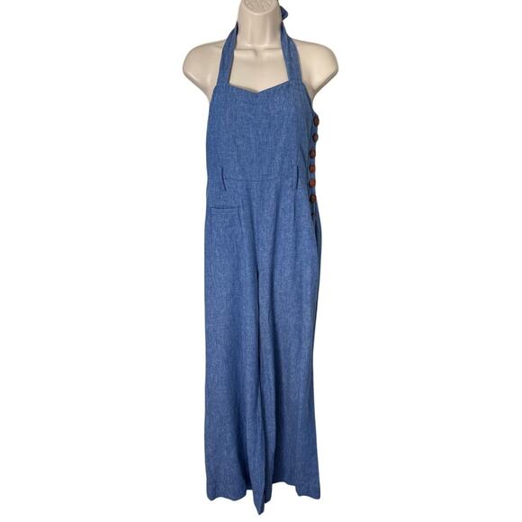 Anthropologie Elevenses Sharlene Halter Linen Blend Denim Jumpsuit Size 6 - Picture 3 of 13